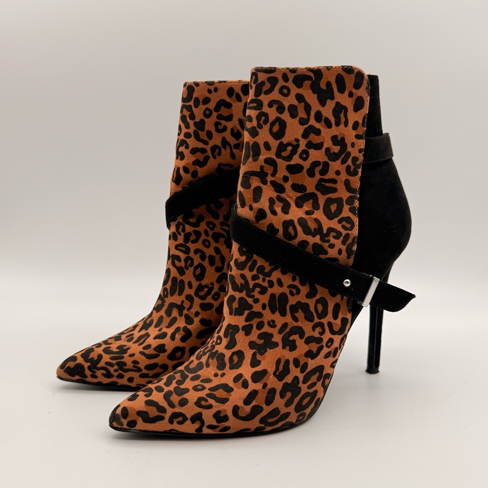 Leopard Print Stiletto Ankle Boots Black Contrast Pointed Toe High Heel Size 7